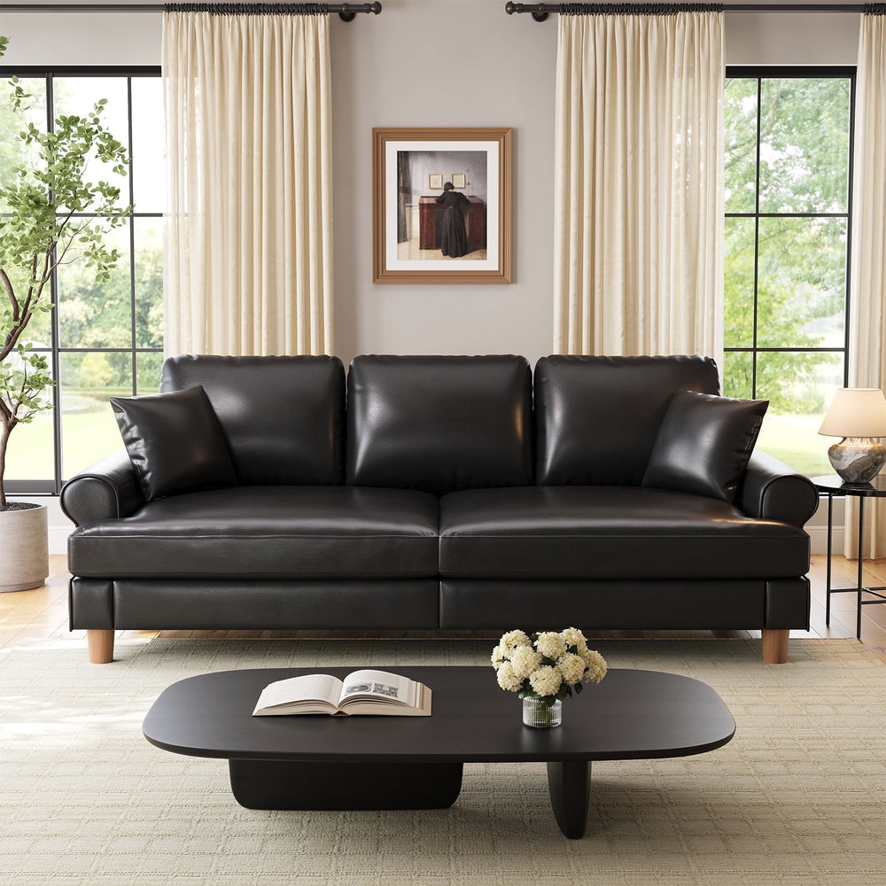 Handcrafted teak wood sofa with black upholstery