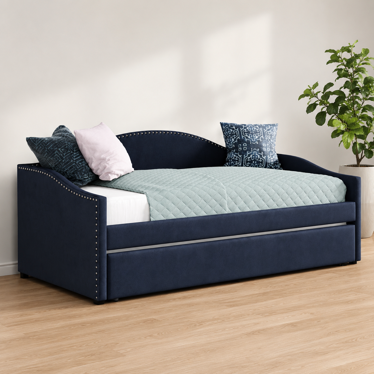Modern navy blue teak wood upholstered daybed with trundle