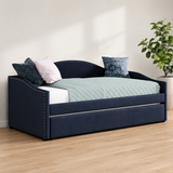 Modern navy blue teak wood upholstered daybed with trundle