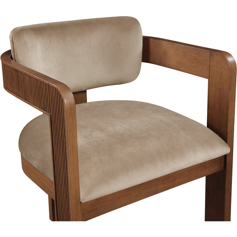 Handcrafted teak wood dining armchair in beige upholstery