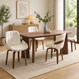 Modern teak wood dining table set with white upholstered chairs