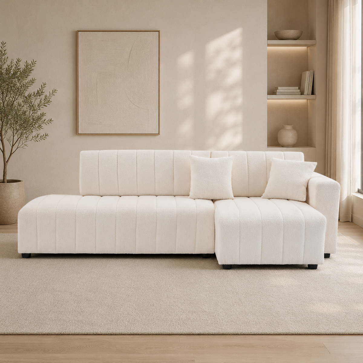 Modern white bouclé L-shape teak wood sectional sofa for living room