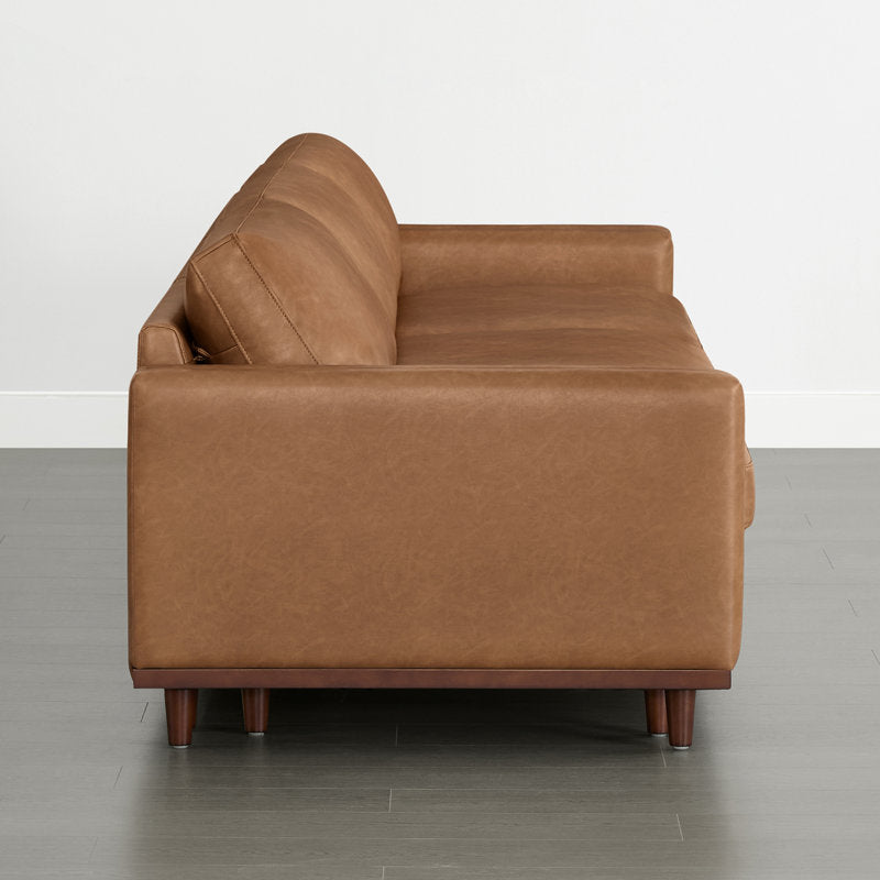 Premium tan leather teak wood 3 seater sofa