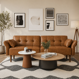 Modern brown leather teak wood sofa in luxury living room