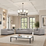 Modern teak wood living room sofa set with grey fabric upholstery