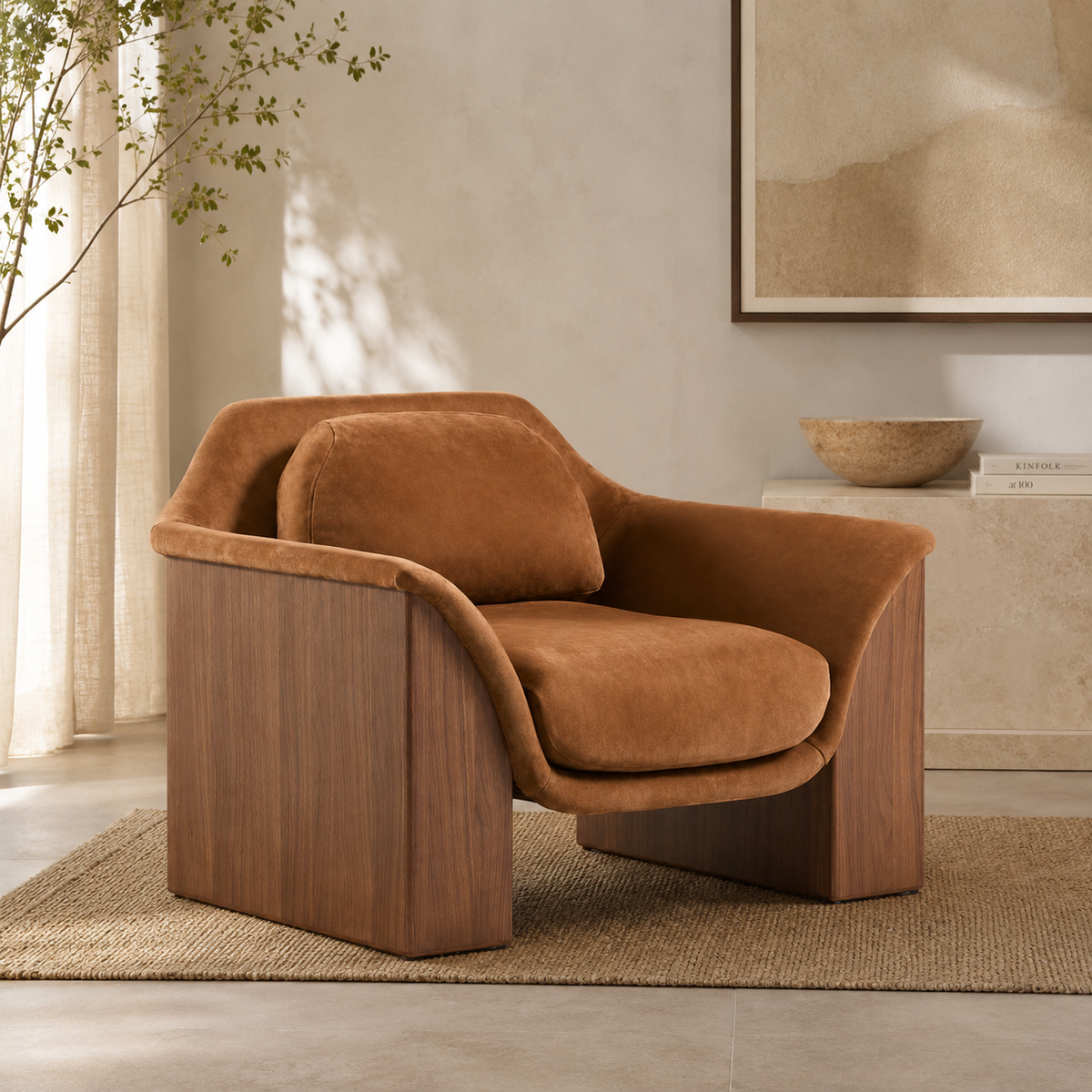 Luxury teak wood upholstered accent armchair for living room
