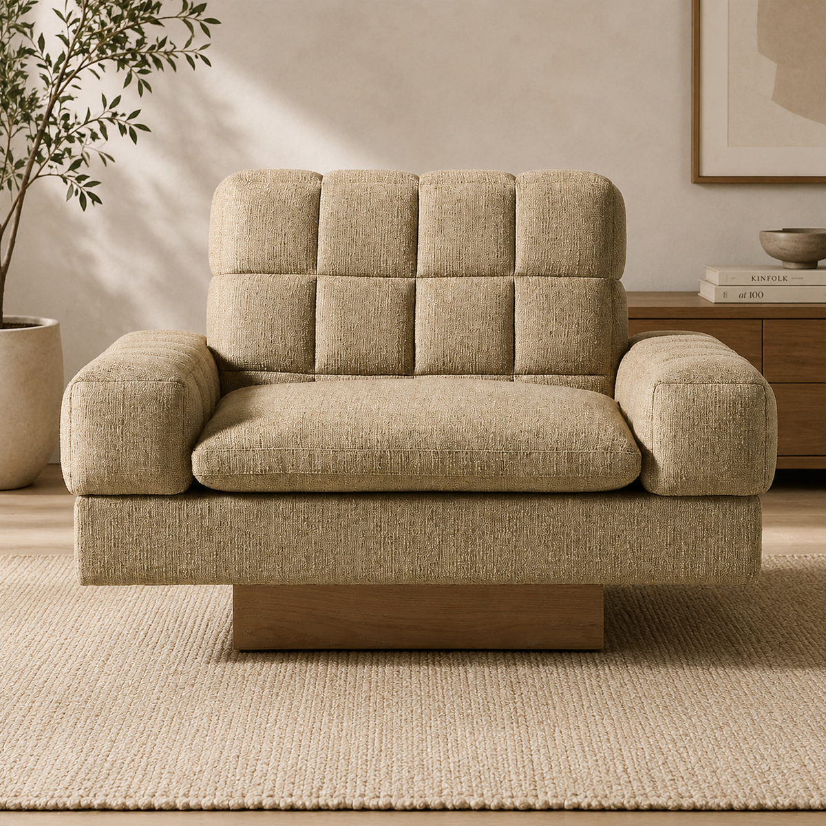 Modern teak wood lounge chair with beige upholstery