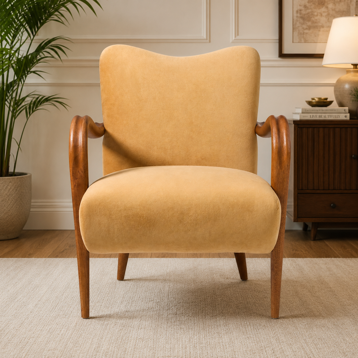 Modern teak wood upholstered lounge chair with armrests
