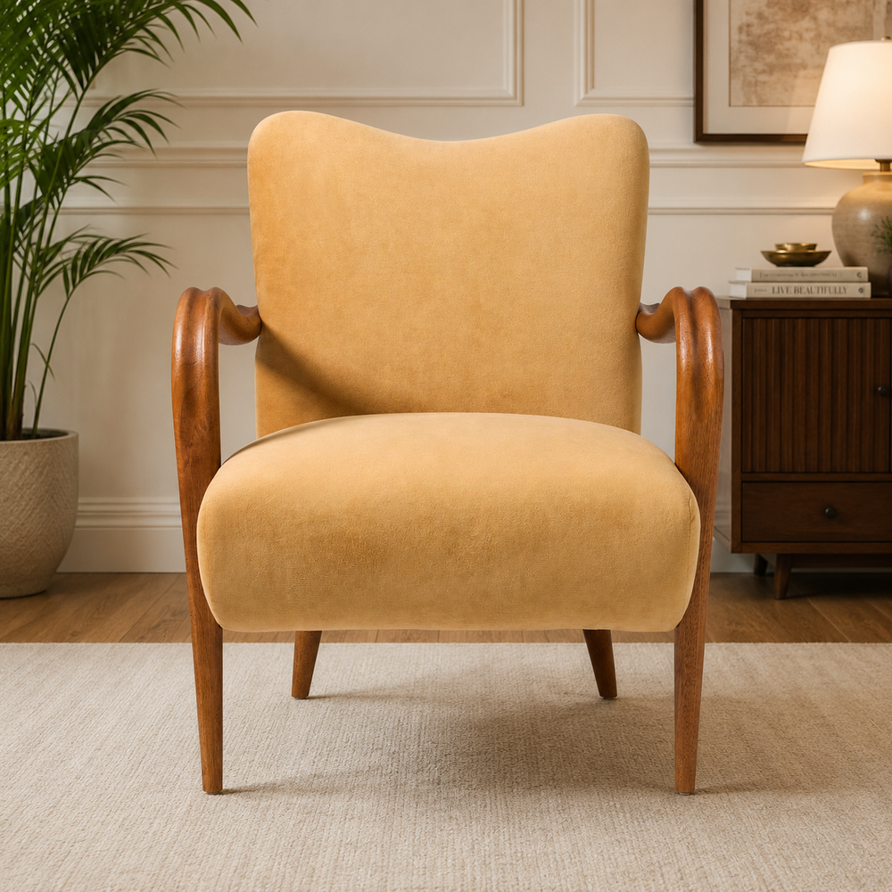 Modern teak wood upholstered lounge chair with armrests