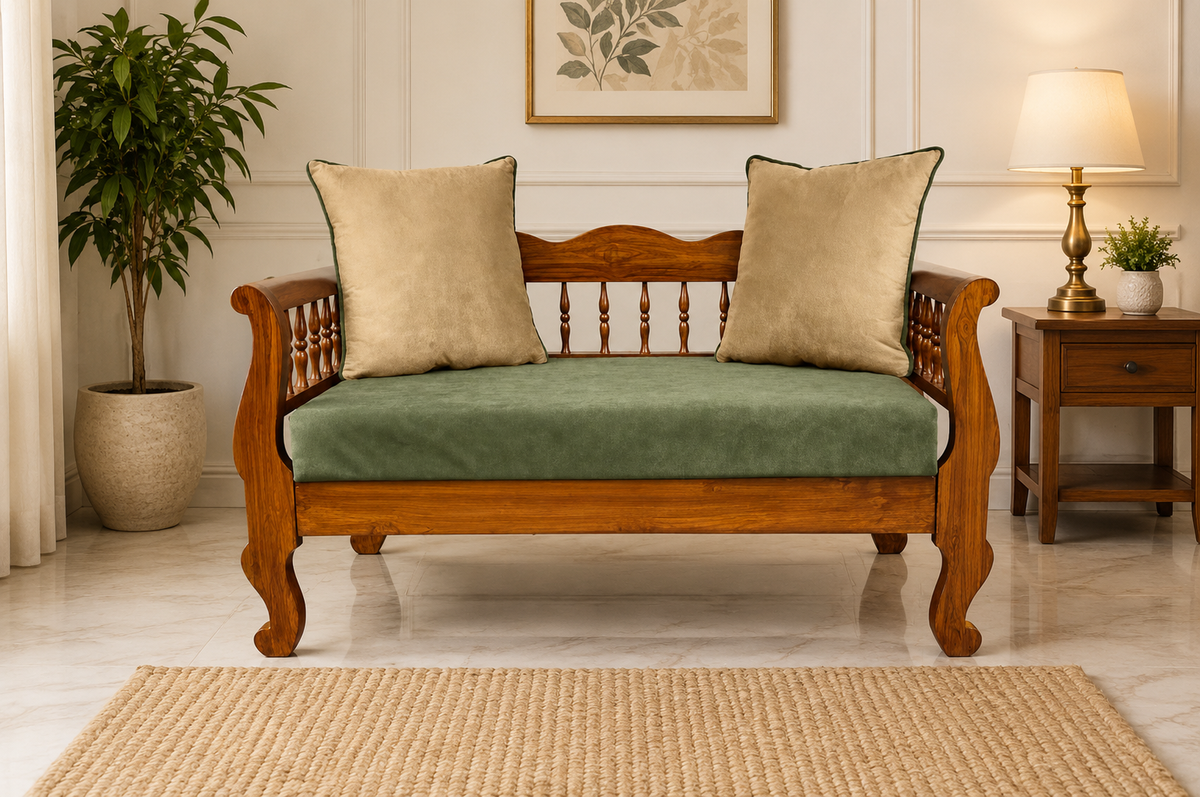 Modern teak wood loveseat sofa with green cushion
