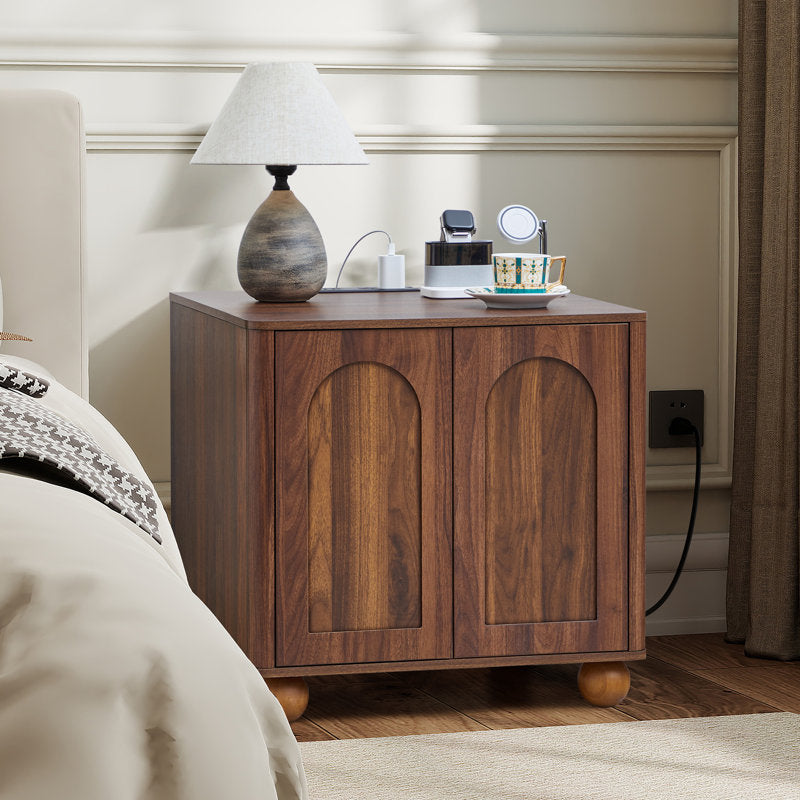 Contemporary teak wood storage unit with arched panels
