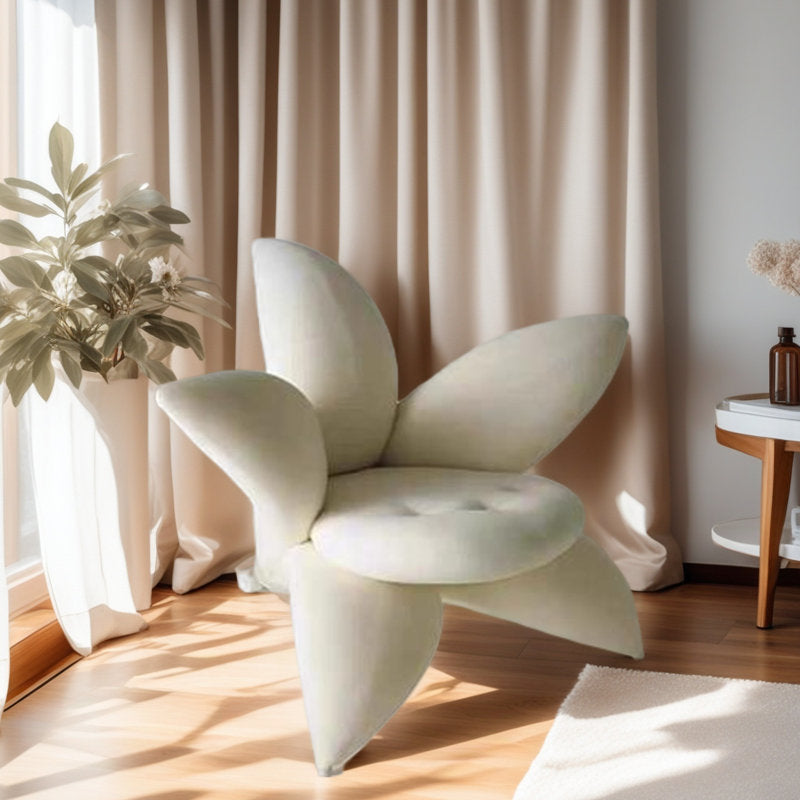 Designer flower shaped lounge chair with teak wood base and soft upholstery