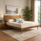 Modern teak wood platform bed with cane headboard