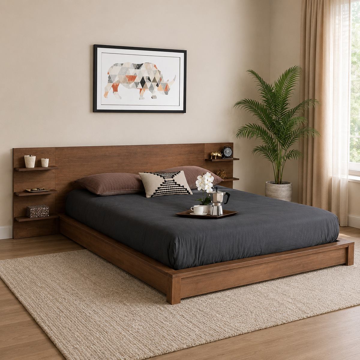 Modern teak wood platform bed with storage headboard