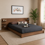 Modern teak wood platform bed with storage headboard