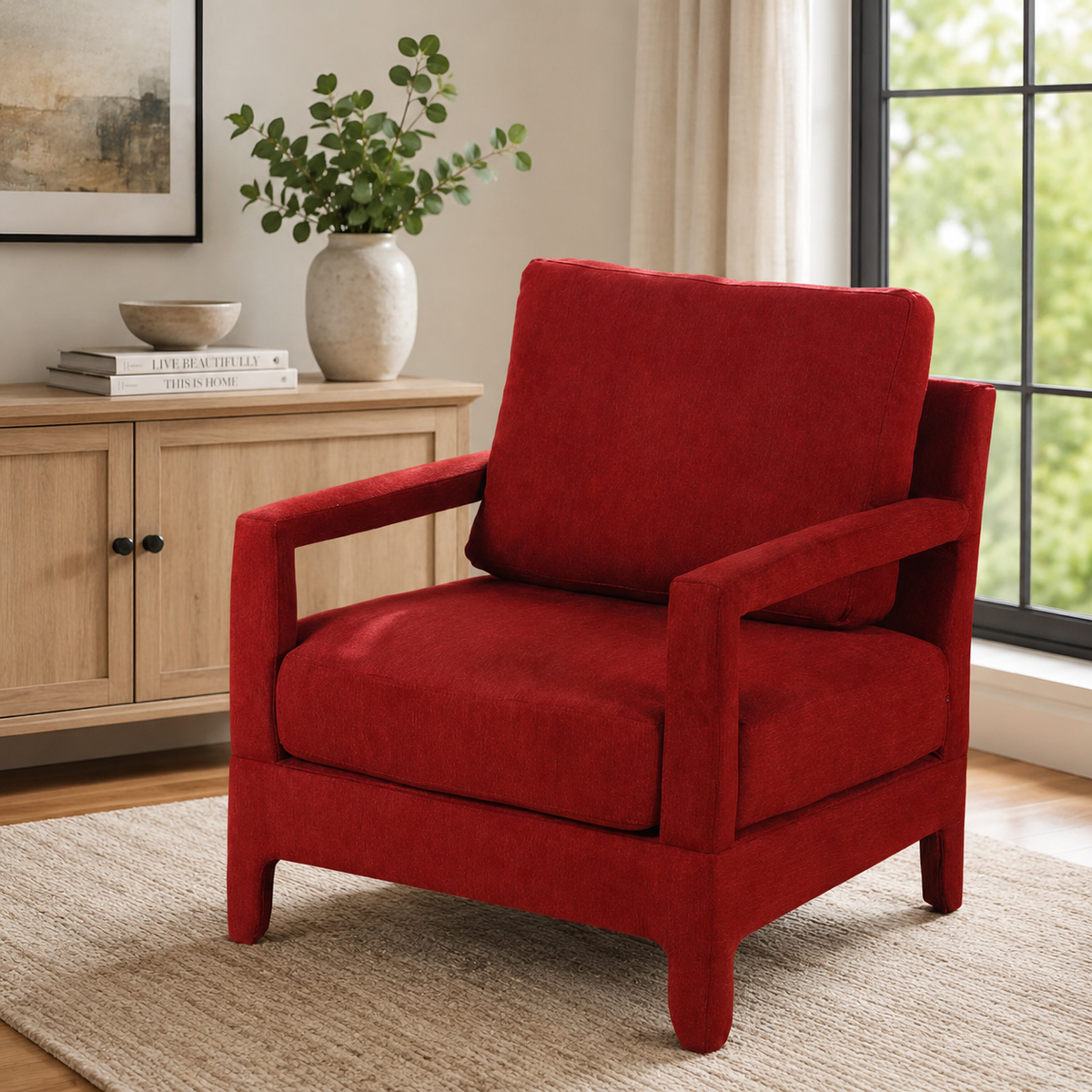 Modern solid teak wood red accent armchair