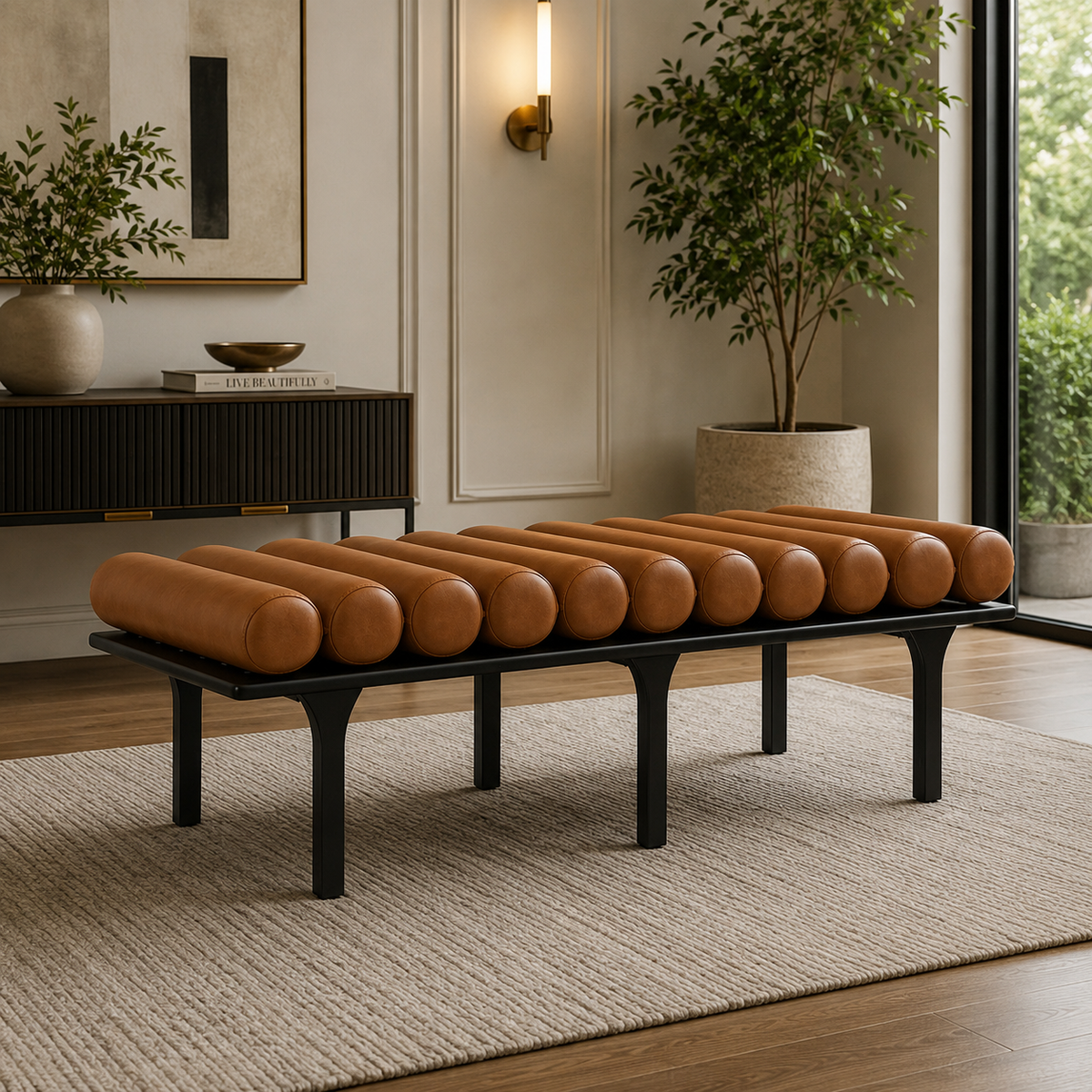 Modern teak wood upholstered bench with roll cushions