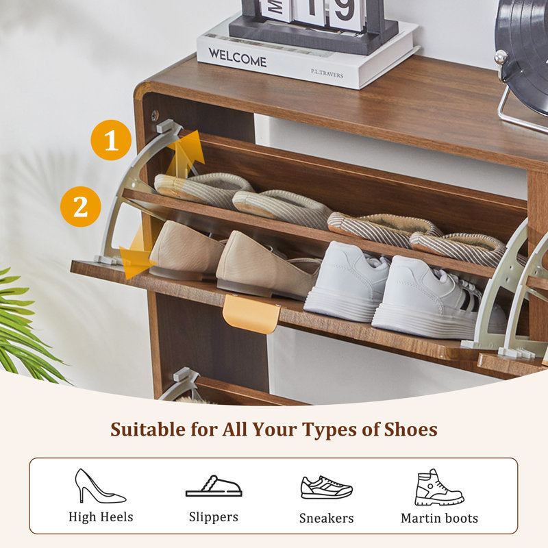 Space-saving teak wood shoe cabinet with concealed compartments