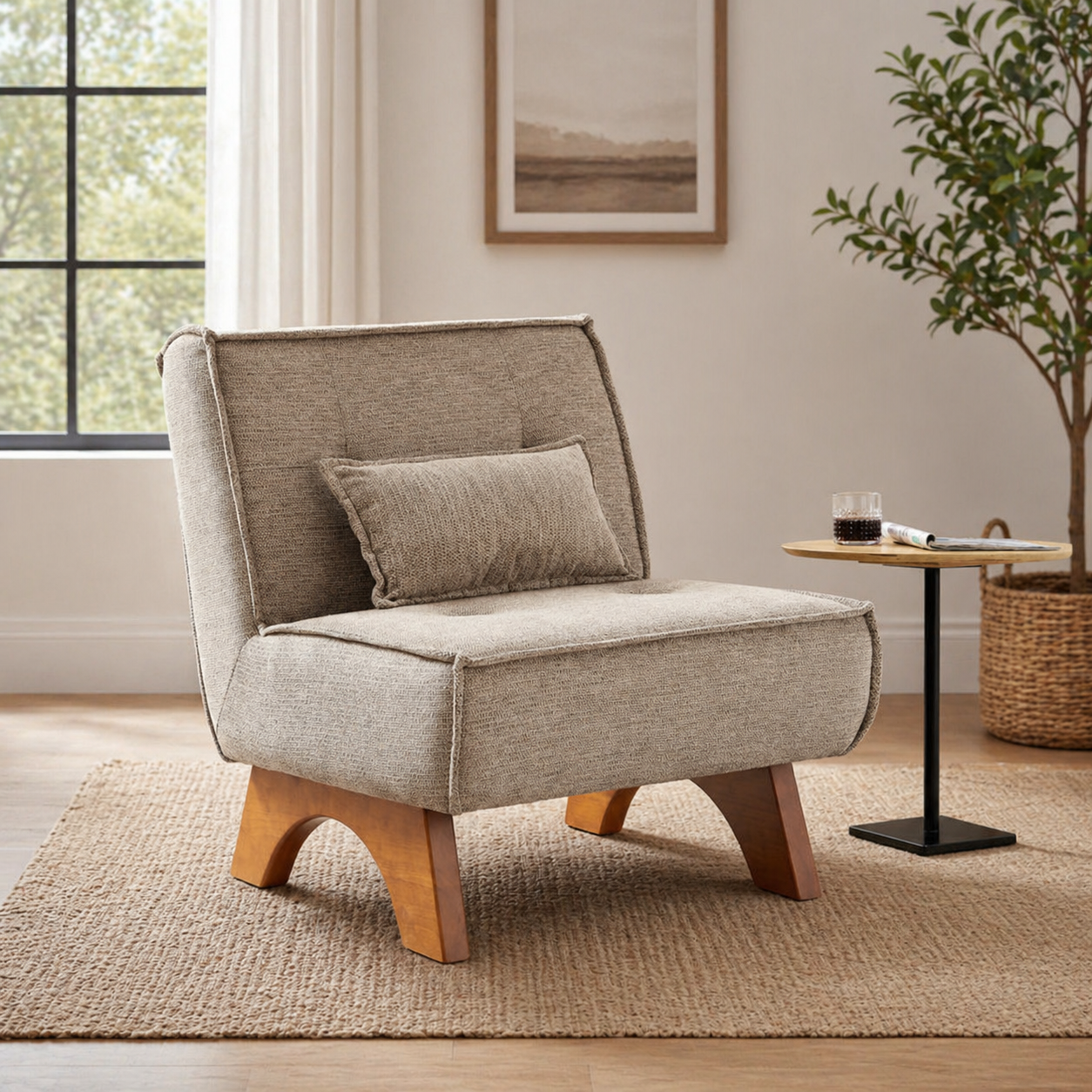teak wood accent lounge chair with beige upholstery