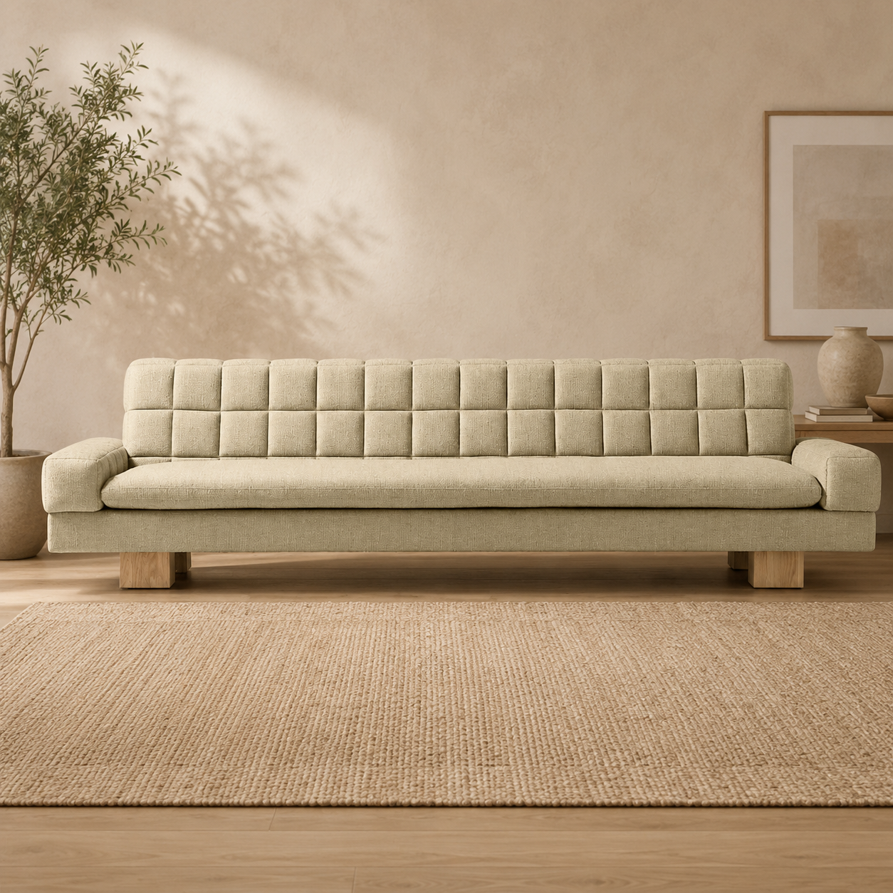 Modern beige teak wood upholstered sofa with tufted backrest
