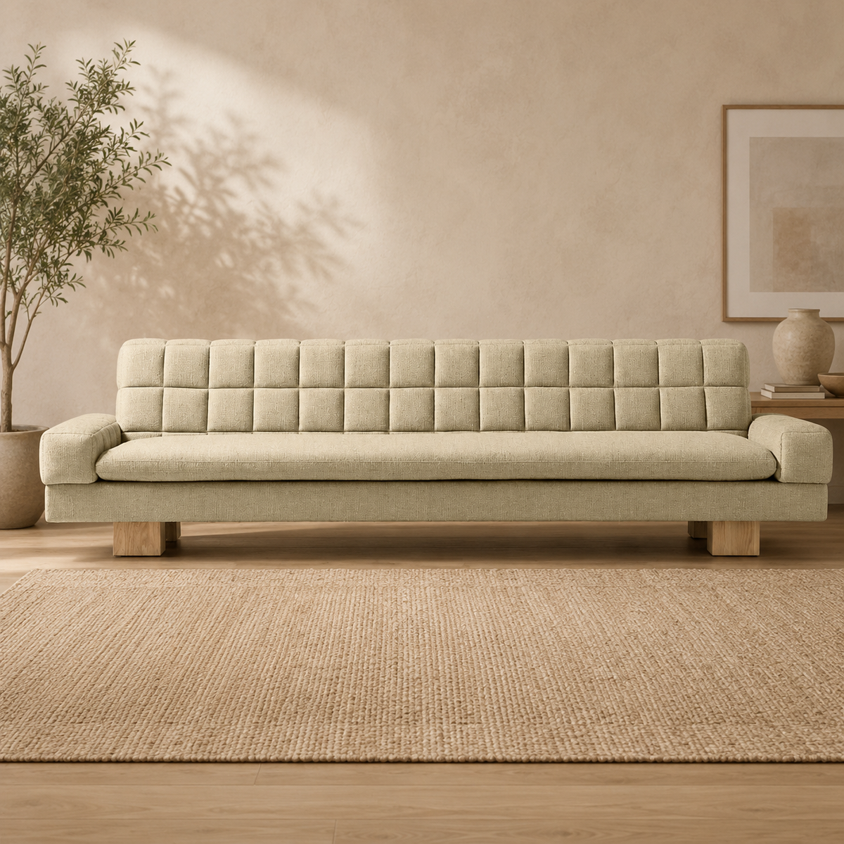 Modern beige teak wood upholstered sofa with tufted backrest