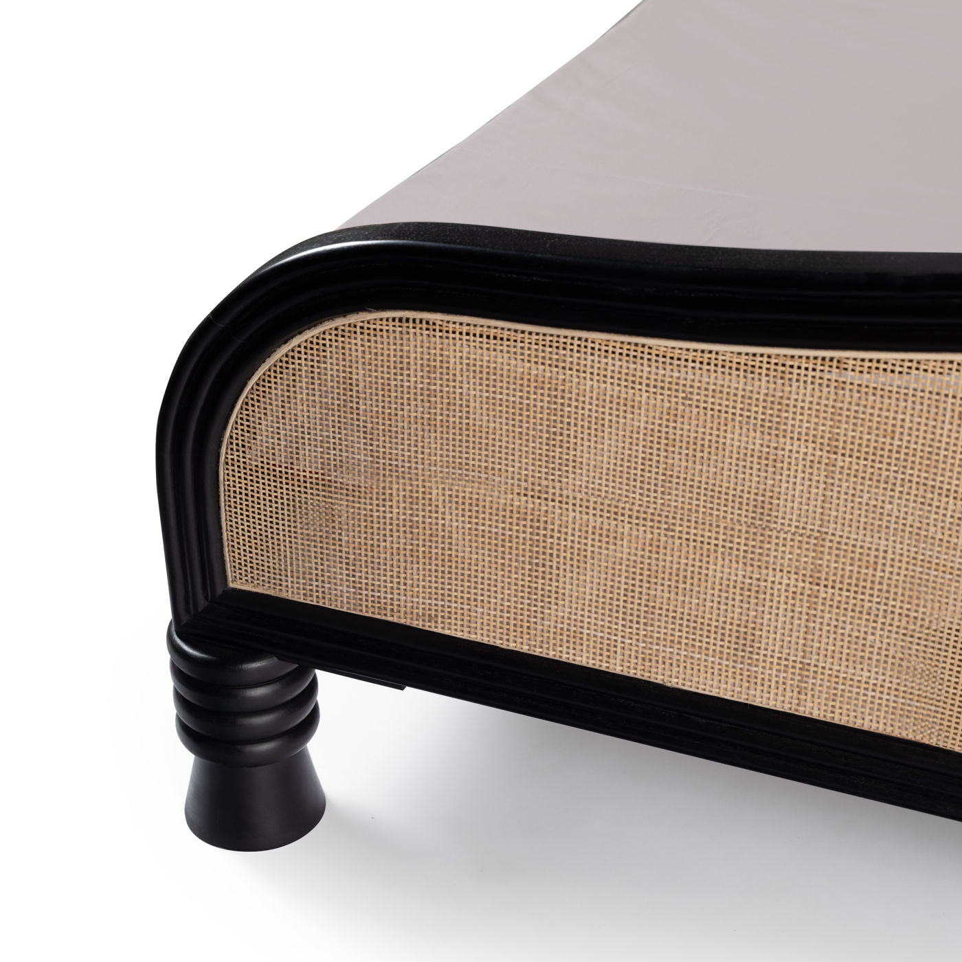 Contemporary black teak wood cane bed with curved headboard and footboard