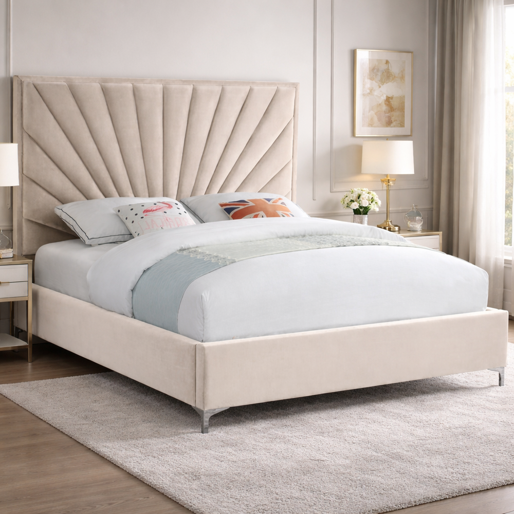 modern upholstered bed with sunburst headboard