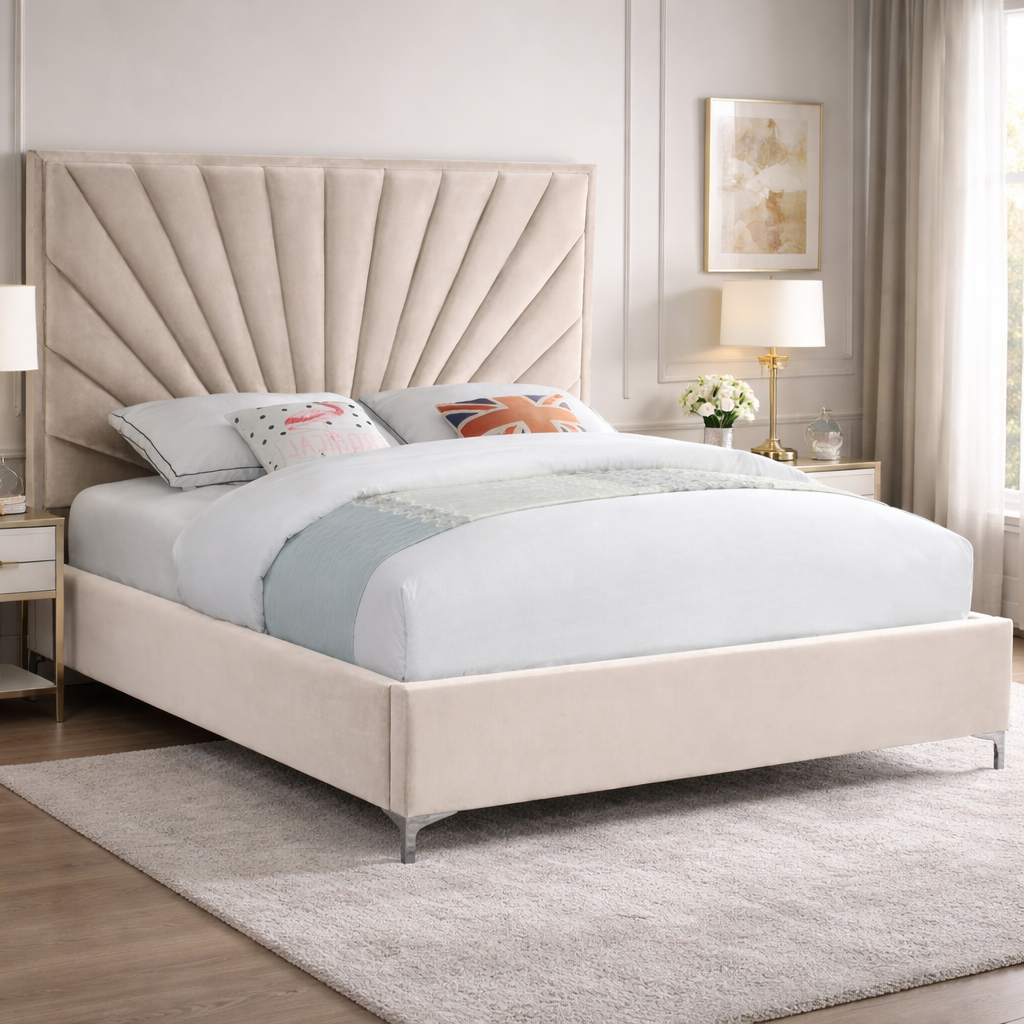 modern upholstered bed with sunburst headboard