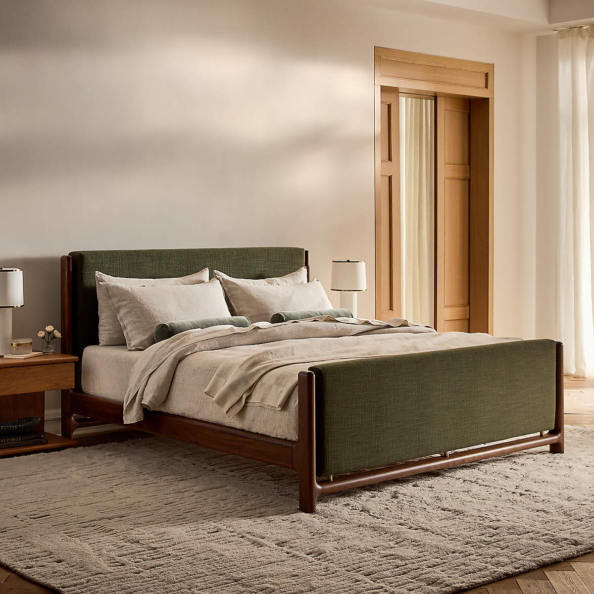 Modern teak wood bed frame with premium fabric upholstery