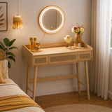 modern wooden vanity desk with LED round mirror