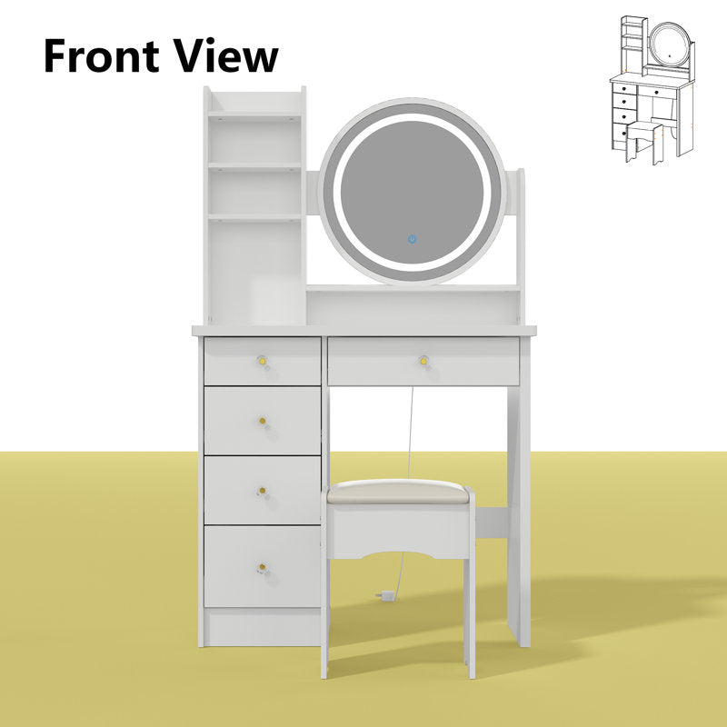 white dressing table with mirror and stool
