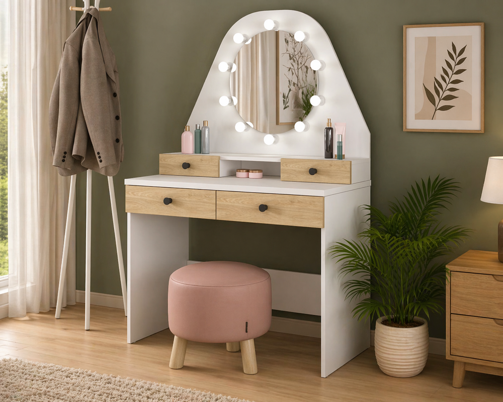 modern vanity table with LED mirror and stool