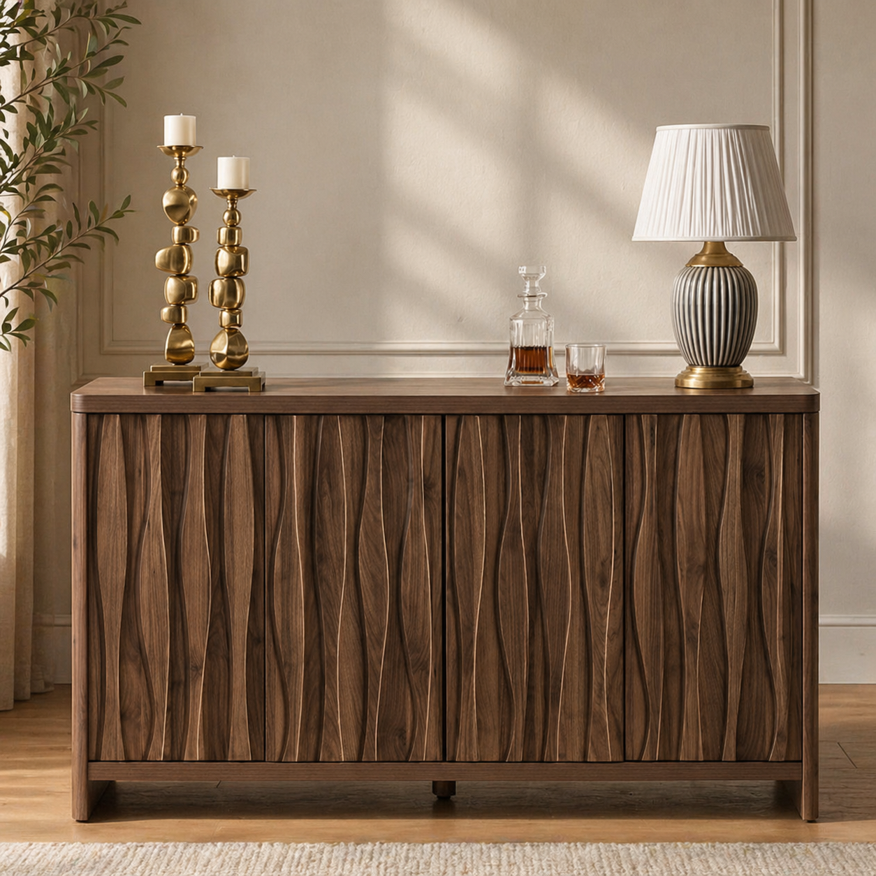 Modern walnut sideboard cabinet with textured doors