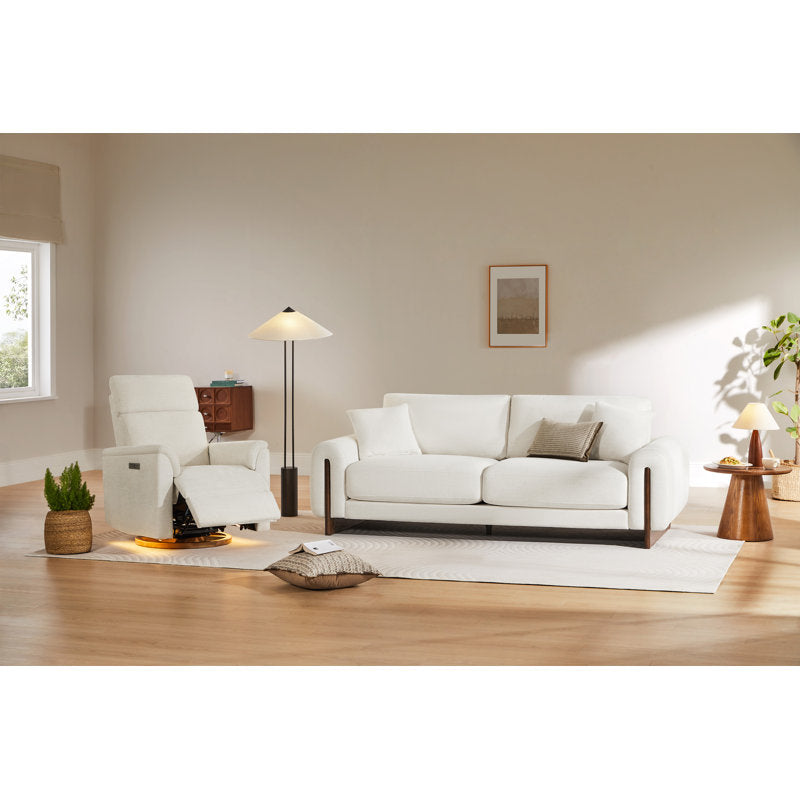Modern white fabric sofa with solid teak wood frame for living room
