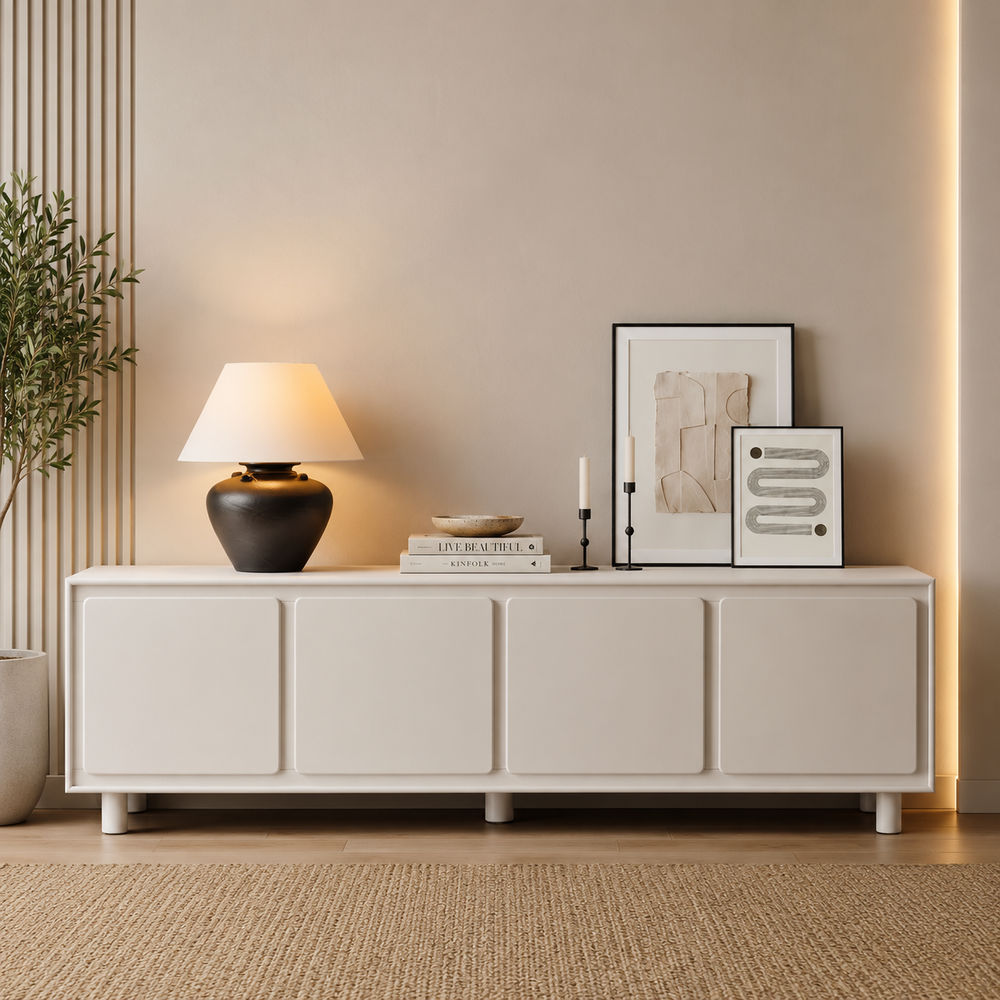 Modern white teak wood sideboard cabinet