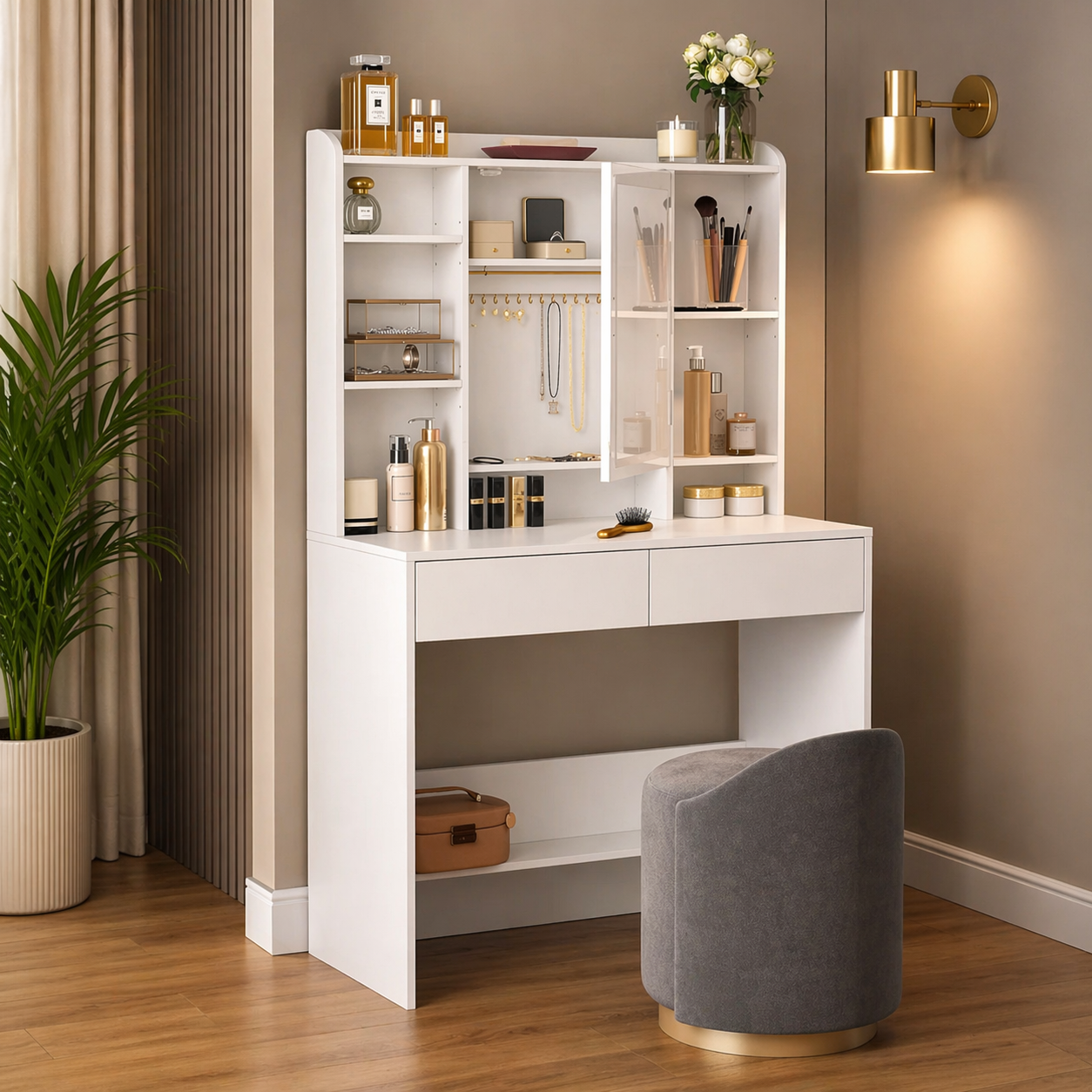 modern white vanity desk with storage shelves