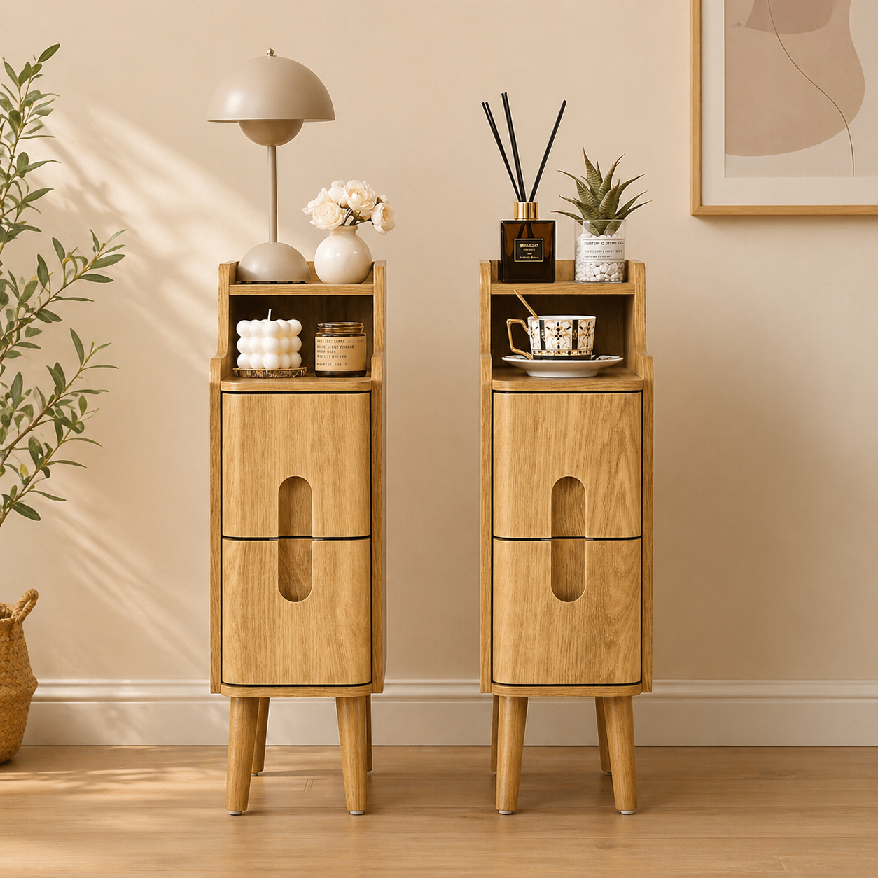 Modern wooden bedside table with drawer and shelf