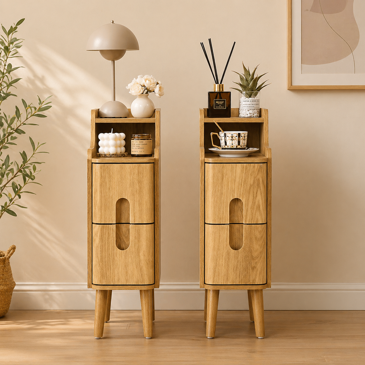 Modern wooden bedside table with drawer and shelf