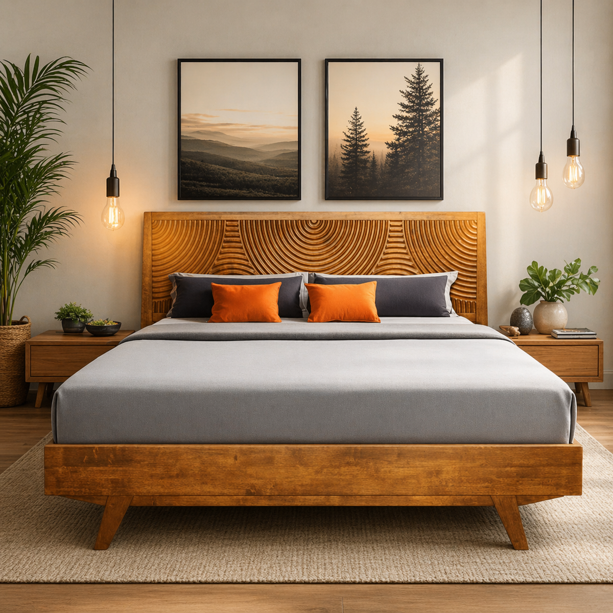 Modern wooden platform bed with carved headboard