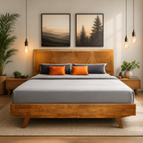 Modern wooden platform bed with carved headboard