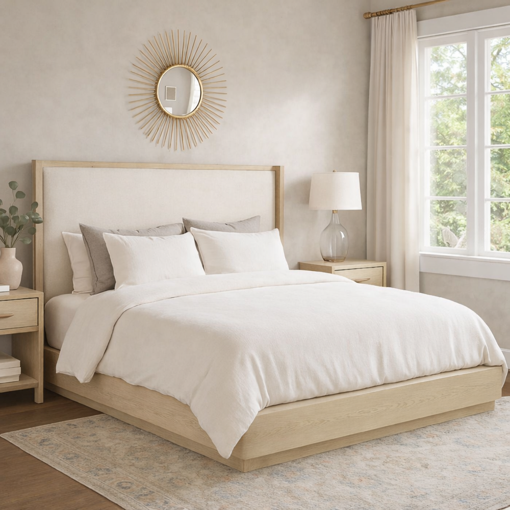 modern wooden platform bed with upholstered headboard