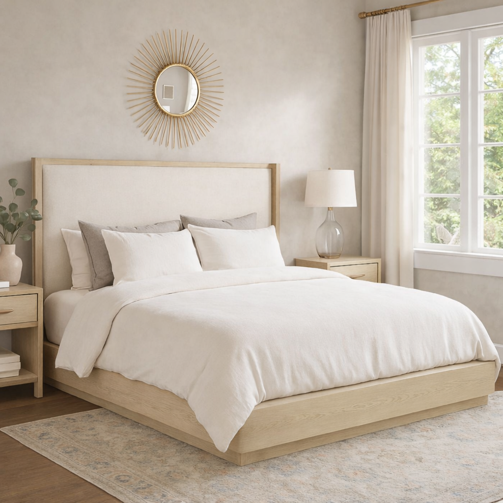 modern wooden platform bed with upholstered headboard