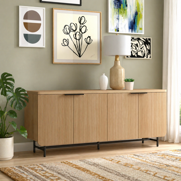 Modern fluted wooden sideboard cabinet with black metal legs