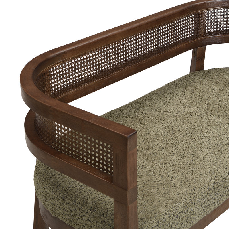 Luxury Teak Wood 2 Seater Sofa Chair with Boucle Fabric Upholstery & Cane Back | Designer Wooden Sofa