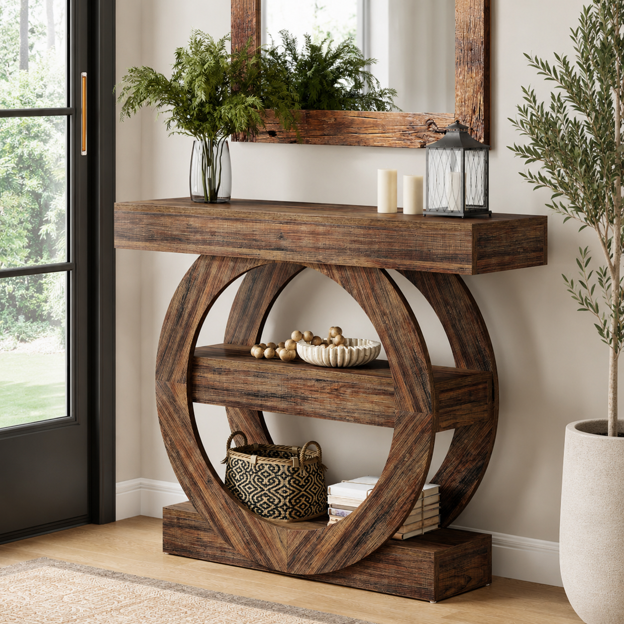 Luxury teak wood console table with circular base