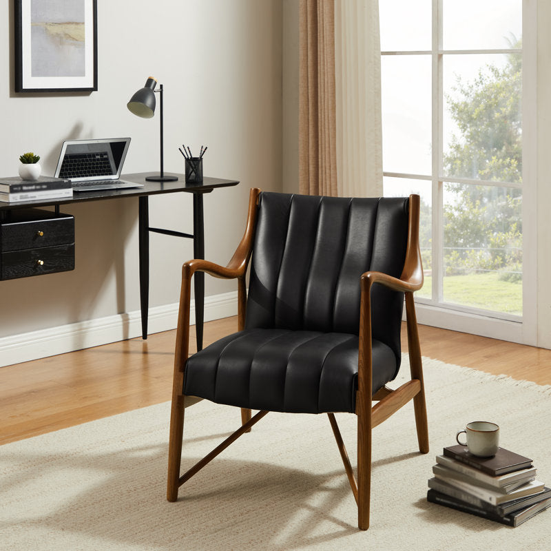 Contemporary teak wood reading chair with black cushion