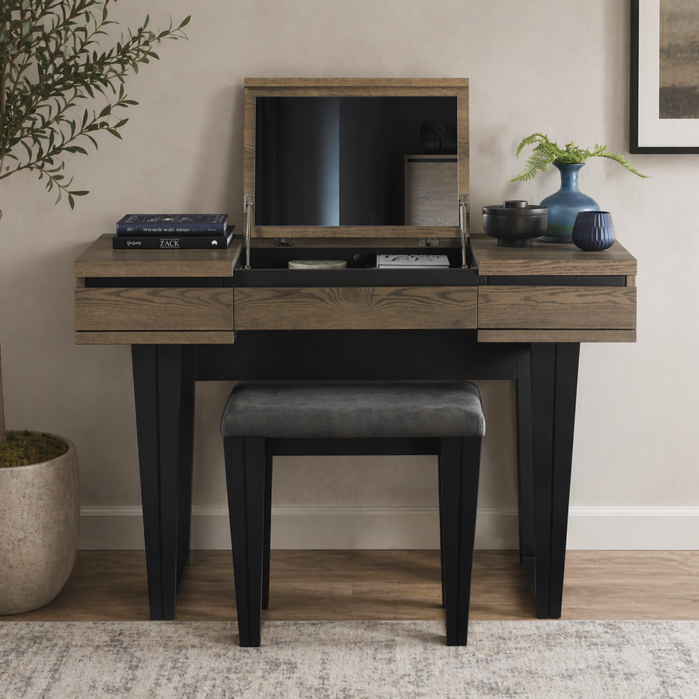 modern wooden vanity desk with mirror and stool