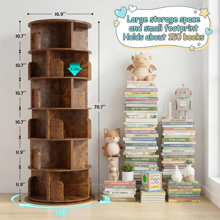 Rustic teak wood revolving bookcase with decorative storage
