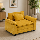 Mustard yellow teak wood lounge sofa chair in modern living room