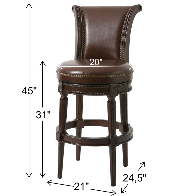 Luxury teak wood bar stools with curved backrest and nailhead trim